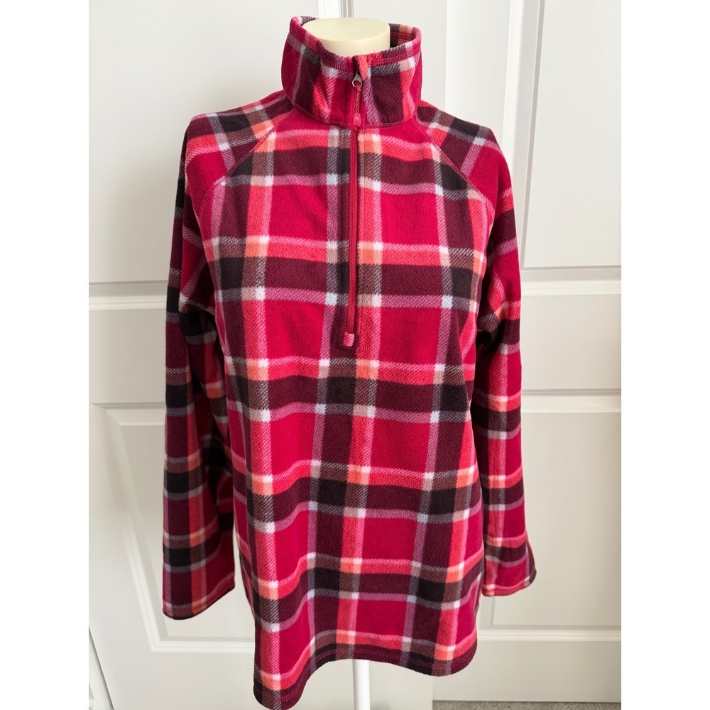 Eddie Bauer Womens XL Berry  Pink Plaid Quarter Zip Fleece Pullover Cozy